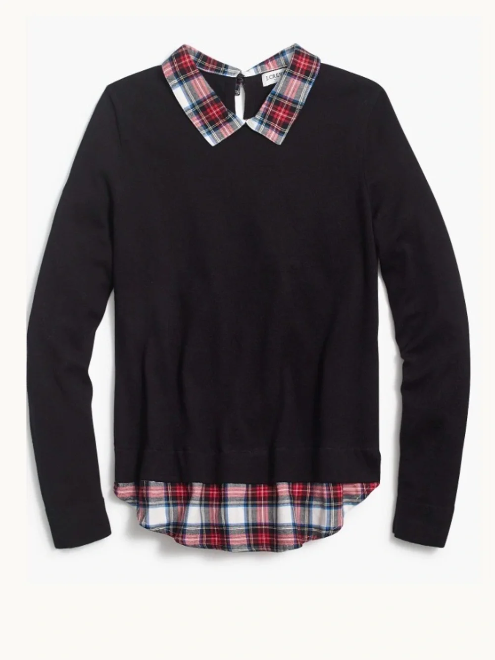 J. Crew plaid collar faux layered black sweater long sleeve size Small